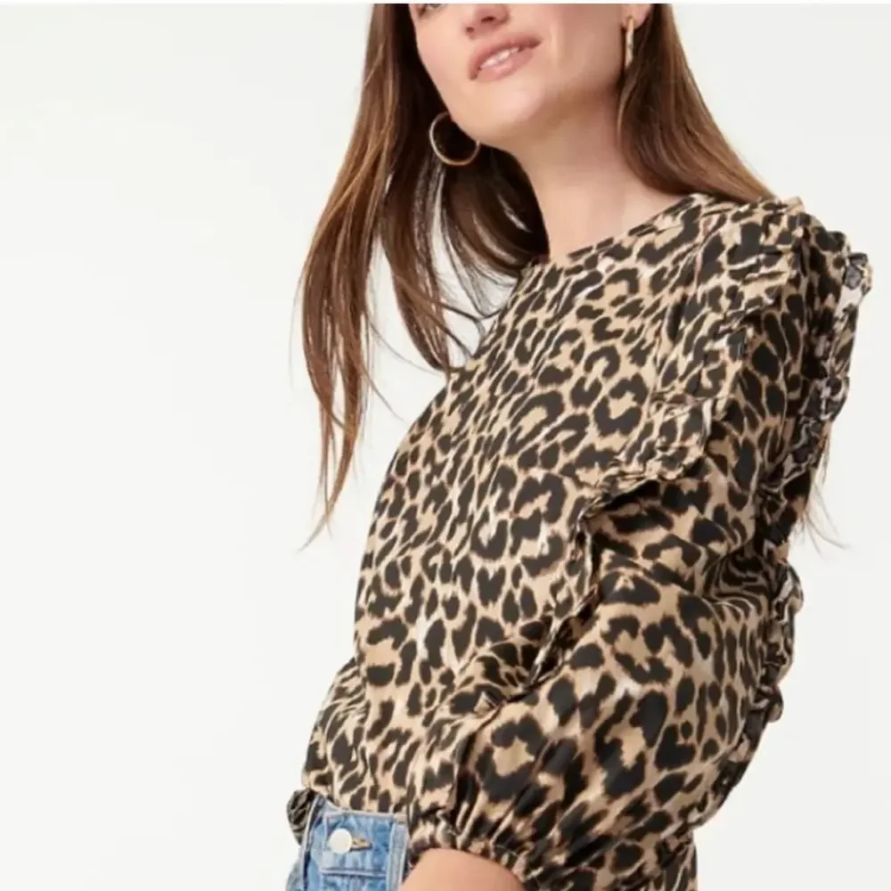 J crew Leopard Animal Print Ruffle Sleeve Top Shirt AS011 Extra Small XS Cotton